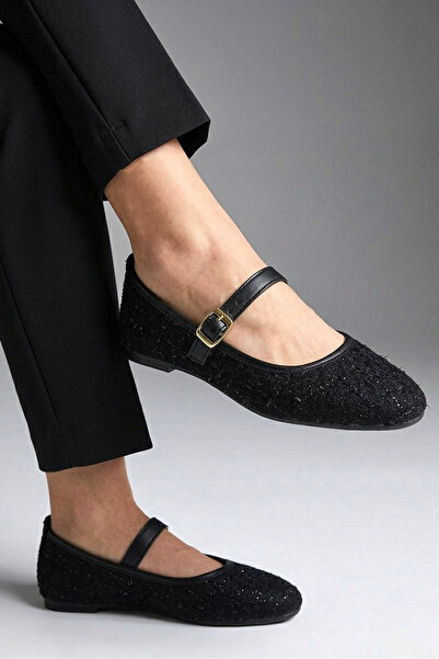TOFİSA Дамски черни балеринки с брокатени детайли и коланче - 28338-BLACK