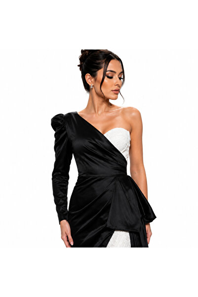 Lovely Dress Tek Omuz Siyah Saten Abiye Elbise – Dantel Detaylı Yırtmaçlı Gec...