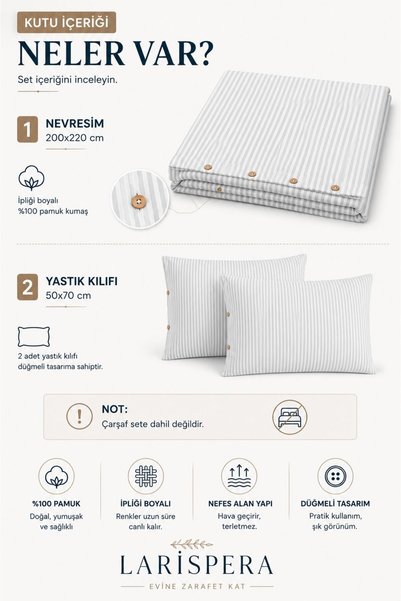 Larispera Thread-Dyed Cotton Double Striped Buttoned Duvet Cover Set 200x220 cm King Size