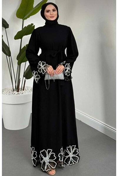 Gamzem 26Y1209 ABİYE ELBİSE ETEK UCU KOLLARI TAŞLI VE MOTİFLİ SİYAH
