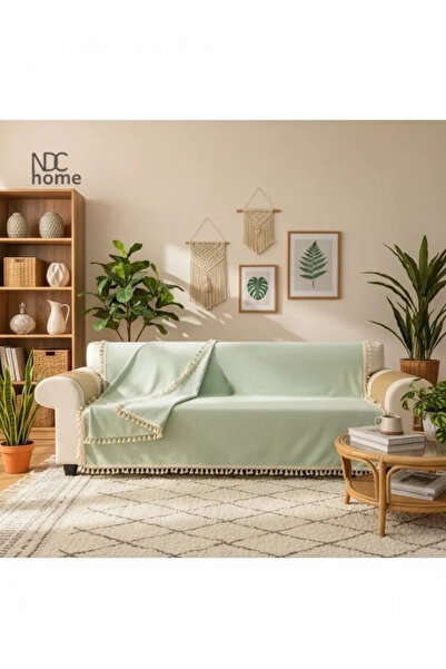 NDC HOME Κάλυμμα καναπέ από λινό ύφασμα Premium με σχέδιο Sage Pompom (170 x ...