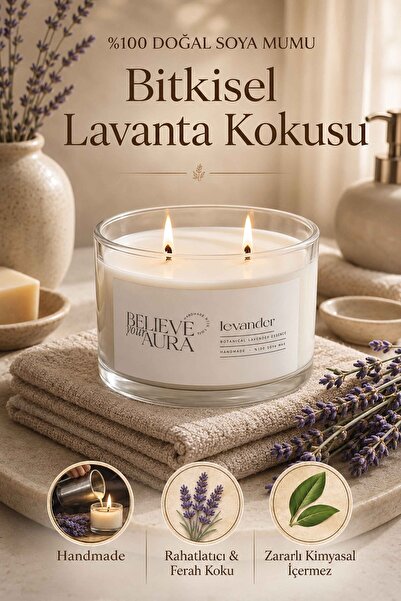 Believe Your Aura Lavanta Kokulu Mum - %100 Soya Mumu Aromaterapi Kase Mum - ...