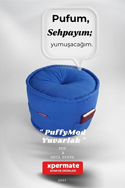 XPERMATE Yuvarlak Puf 60x42 cm Dekoratif Oturma ve Ayak Uzatma Pufu Modern Sa...