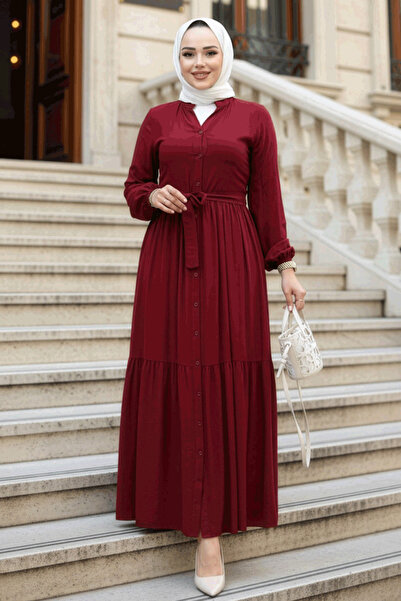 N.S NEVA STYLE Κουμπωτό Μπορντό Φόρεμα Hijab 239202BR