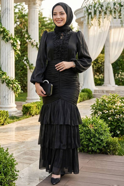 N.S NEVA STYLE فستان سهرة حجاب أسود بتفاصيل كشكش 50271S