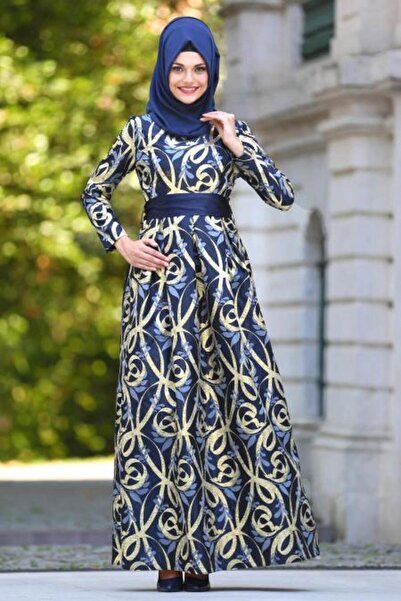 Neva Style Desenli Pileli Lacivert Tesettür Abiye Elbise 2441L