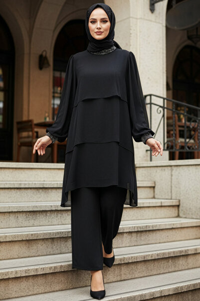 N.S NEVA STYLE Chiffon Black Hijab Double Set 48501S