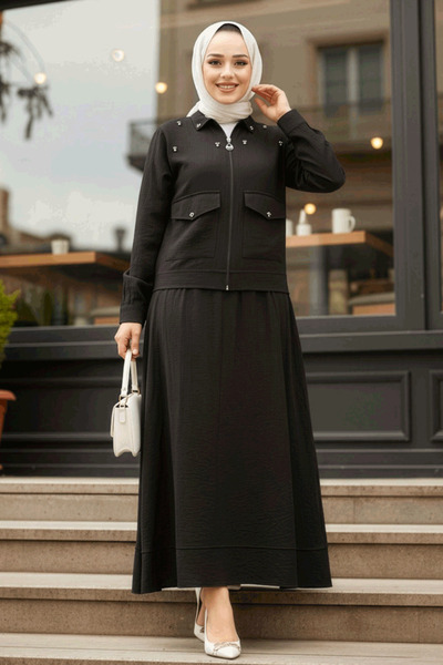 Neva Style Set dublu cu jachetă și fustă neagră cu hijab 44723S