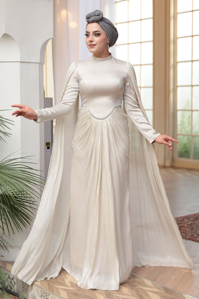 N.S NEVA STYLE - فستان سهرة بيج محتشم مع كاب 5418BEJ