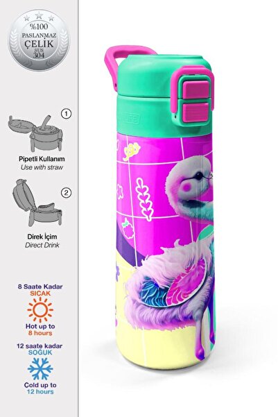 Coral High Kids Pembe Su Yeşili Flamingo Desenli Pipetli ve Direkt İçim Çelik...