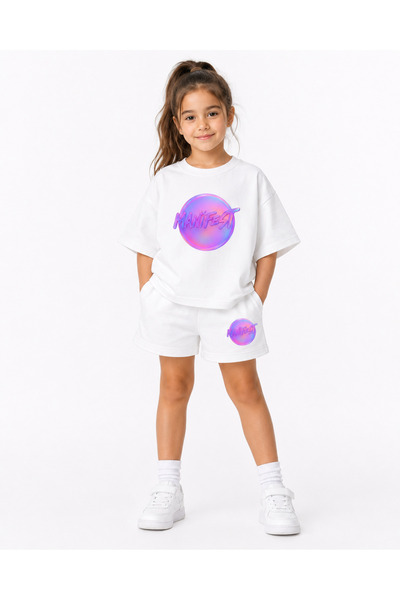 fasardi Manifest Girls Logo Baskılı Oversize %100 Pamuk Tişört Şort 2li Çocuk...