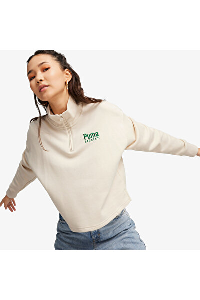 Puma سويت شيرت نسائي من تيم هاف زيب كرو باللون البيج