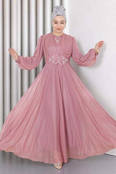 Missvalle Pearl Detailed Draped Glittery Evening Dress Dusty Rose 19189