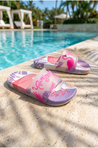 Shoebuo Papuci de damă pentru piscină, baie și plajă cu benzi figurate