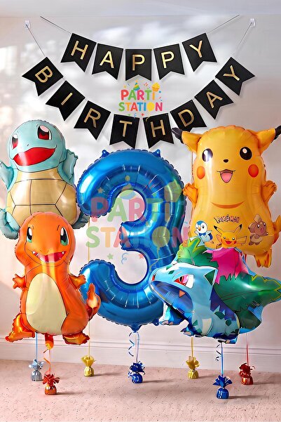 Parti Station Pokemon Konsept 3 Yaş Doğum Günü Balon Set Pokemon Pikachu Bulb...