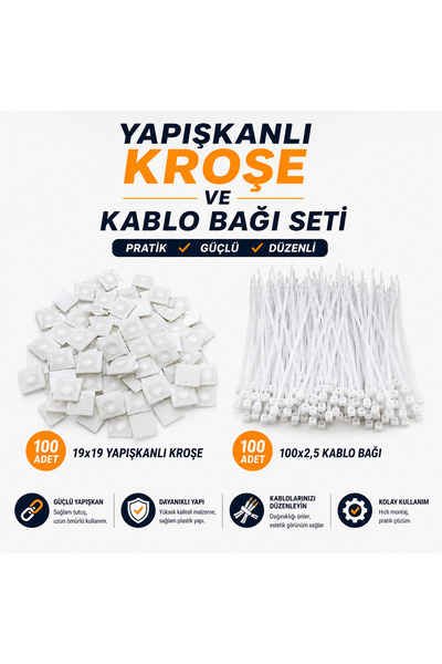 Atx Yapışkanlı Kroşe Kablo Bağı Seti Kroşe Cırt Seti 200 Parça