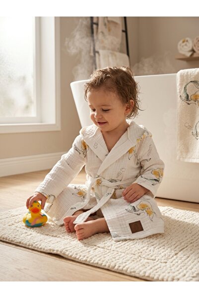 INFANT Halat de baie muselină cu imprimeu și glugă