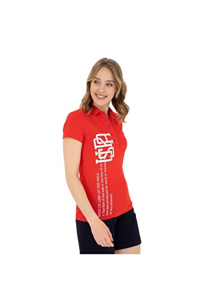U.S. Polo Assn. تي شيرت نسائي برقبة حمراء