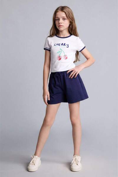 DeFacto Crew Neck Cherry Print Short Sleeve T-Shirt Top Shorts Bottom Ribbed ...