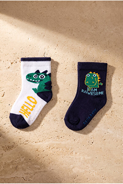 Katia&Bony Pack of 2 Teal Tales Dinosaur Baby Socks Navy Blue/White
