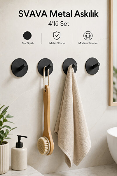 Svava Yuvarlak Metal Duvar Askılığı 4’lü Set Mat Siyah Banyo Mutfak Havlu Askısı