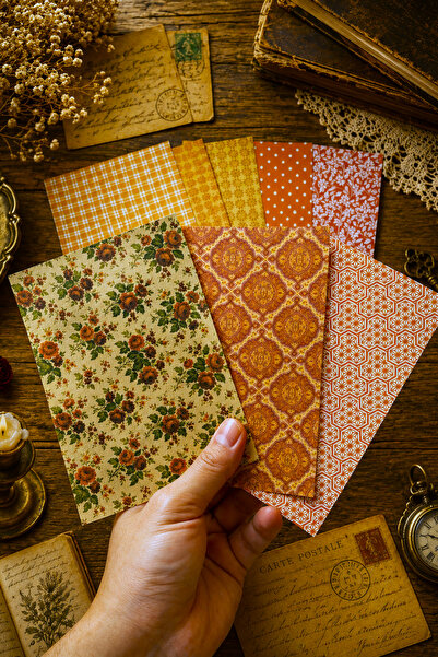 stickybloom Vintage Turuncu Tonlu Desenler Temalı 12 Parça A6 Kağıt Seti Scra...