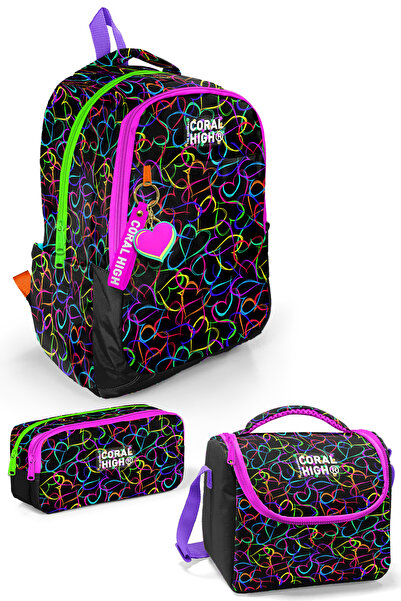 Coral High Kids Çok Renkli Kalp Desenli 3 lü Okul Çanta Seti SET0123670