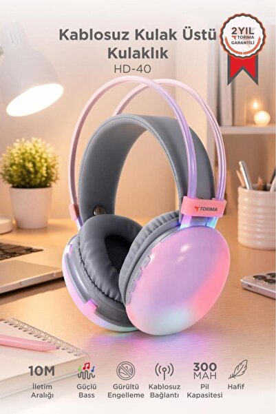 Torima Bluetooth Kulaklık Kulak Üstü Rgb Işıklı Kablosuz Kulaklık HD40 Pembe