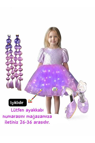 3b kids Payetli Mor Işıklı Elbise Kostüm + Mor Bubble Saç + Mor Topuklu Ayakk...