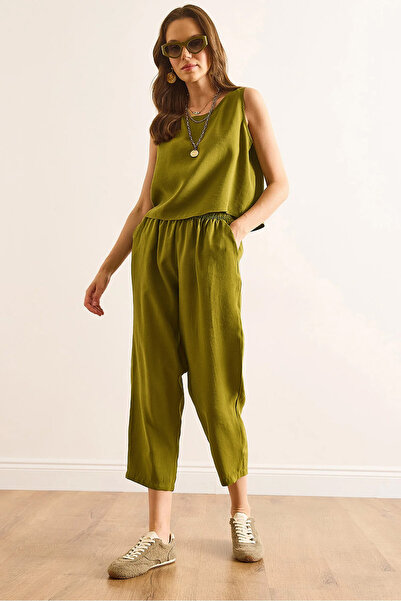 Olalook Women's Oil Green Top Blouse Bottom Pocket Pants Soft Texture Suit Tk...