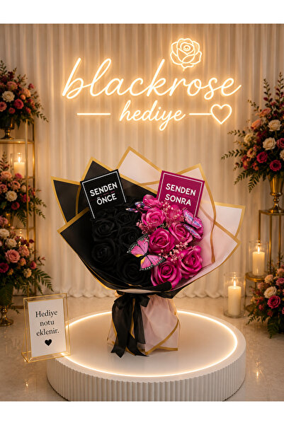 blackrosehediye Uzun Saplı Siyah ve Fuşya Pembe Yapay Gül Buketi | Kelebek De...