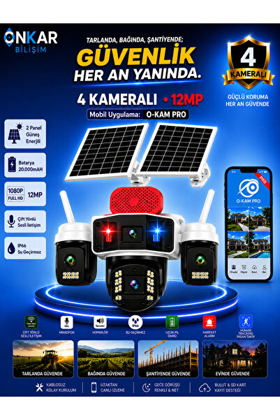 Onkar Bilişim OKAM PRO PREMİUM 4G-336 4 KAMERALI 7/24 KAYIT SİM KARTLI GÜNEŞ ...