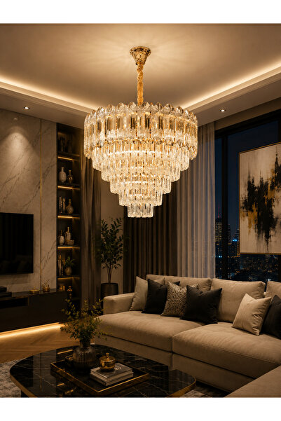 Led 50 CM KRİSTAL LÜX SALON AVİZESİ GOLD