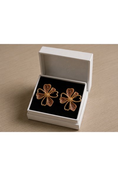 U&Gi Moda Flower Figured Enamel Gold Earring Set – Cream & Brown Color Women's Earring Combination