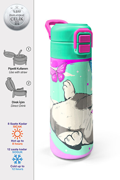 Coral High Kids Water Green Pink Cat Patterned Steel Thermos with Straw and D...
