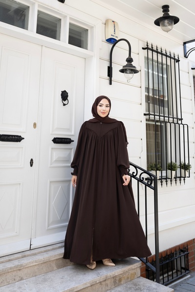 Berel Moda Hijab Dress Ferace Bitter Brown Cuff Gipeli V Roba Gathered Detailed Crepe Zipper Detailed Crepe Zipper Closure