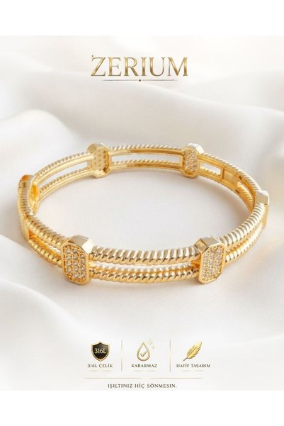 ZERİUM Elegant Power Double Row Gold Handcuffs