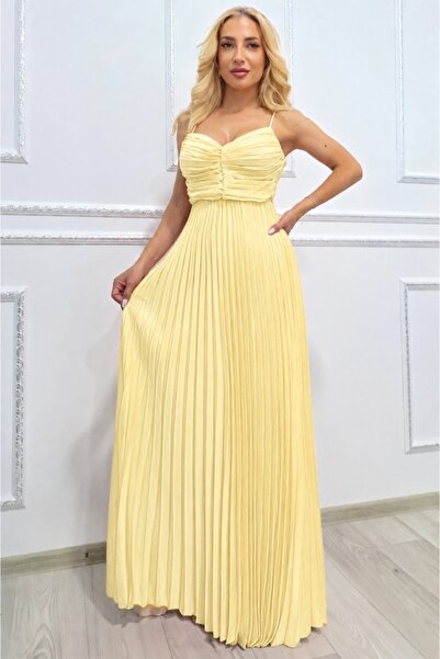 FashionForYou Rochie lungă plisată NYSA UNI, cu legătură la spate, Galben, Mă...