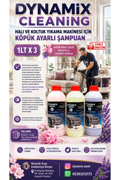 dynamix wash Halı Yıkama Makinesi Şampuanı 3'lü Set Lavanta, Şakayık, Japon S...