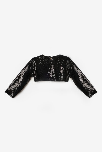 Le Mabelle Bluză crop pentru fetiță, neagră, cu mâneci lungi, cu paiete