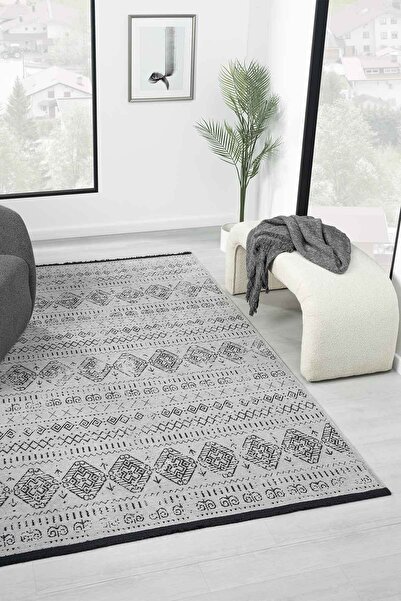 VİTALİHOME Gaia Gri Halı Yıkanabilir Kaymaz Taban Şönil Kilim Dokuma Pamuk Ta...