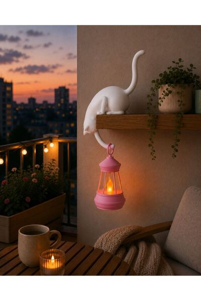 Printorium Askılı Kedi Raf Dekoru 24 CM – LED Fenerli Minimal Salon & Balkon ...