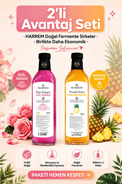 Harrem Doğal Fermantasyon Gül Sirkesi 500 ml + Ananas Sirkesi 500 ml Katkısız...