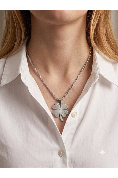 LUXENYA DESİGN Steel Four Leaf Clover Necklace Silver Silver Color Luck Neckl...