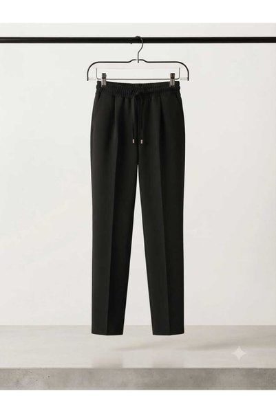 yarennn Women's Black Carrot-Cut Pants with Elastic Waist and Cord Detail