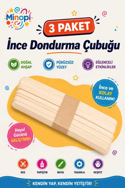 Minopi 3 Paket Natural İnce Dondurma Çubuğu Paketi 50'li Abeslang Tahta Dil Ç...