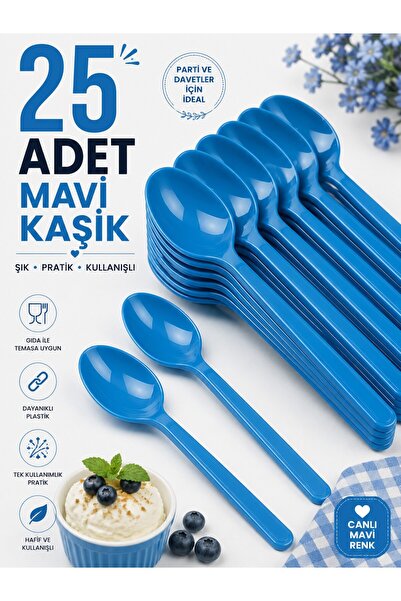 troykar 25 Adet Mavi Renk LÜX SERT PLASTİK Kaşık (18 Cm) Parti Doğum Günü Sun...