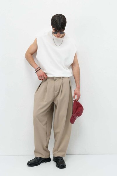 VAMOSCLO Barrel Fit Tailored Trousers Beige