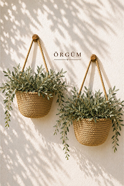 ÖRGÜM Sepet Mini Dekoratif 2'Li Çiçeklik 12x10 Cm ( BİTKİLER VE AHŞAP ASKILAR...