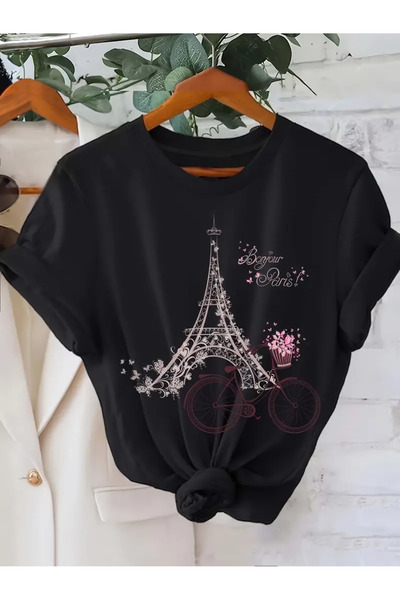 Pink Sky تي شيرت كبير الحجم برقبة دائرية مطبوع عليه برج إيفل والدراجة للجنسين